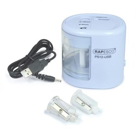 RAPESCO Hegyező, kétlyukú, asztali, elemes, USB töltővel, RAPESCO"PS12-USB", világoskék