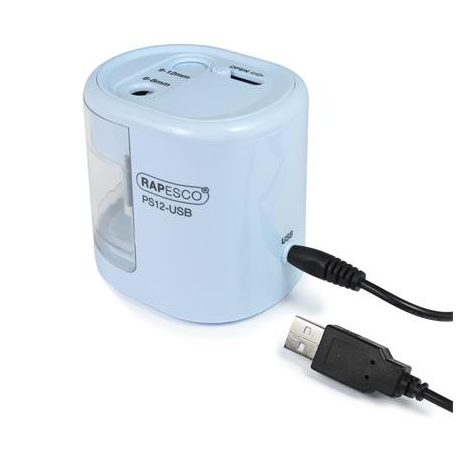 RAPESCO Hegyező, kétlyukú, asztali, elemes, USB töltővel, RAPESCO"PS12-USB", világoskék