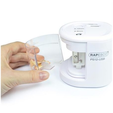 RAPESCO Hegyező, kétlyukú, asztali, elemes, USB töltővel, RAPESCO"PS12-USB", világoskék