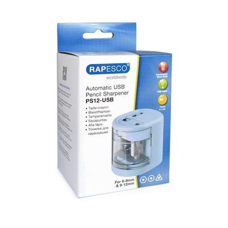 RAPESCO Hegyező, kétlyukú, asztali, elemes, USB töltővel, RAPESCO"PS12-USB", világoskék