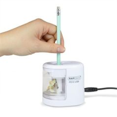   RAPESCO Hegyező, kétlyukú, asztali, elemes, USB töltővel, RAPESCO"PS12-USB", fehér