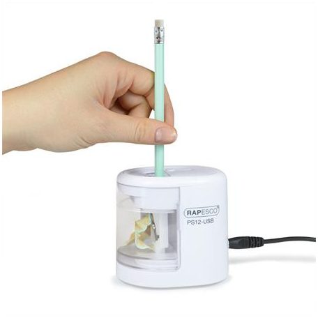 RAPESCO Hegyező, kétlyukú, asztali, elemes, USB töltővel, RAPESCO"PS12-USB", fehér