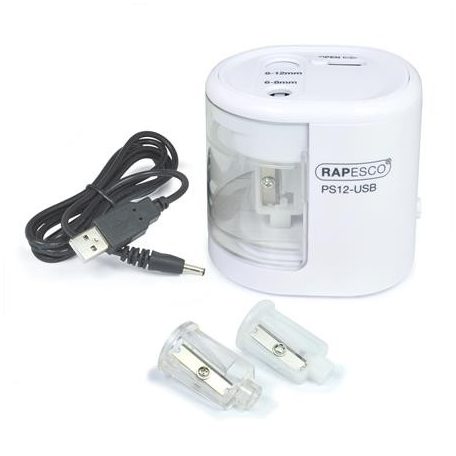 RAPESCO Hegyező, kétlyukú, asztali, elemes, USB töltővel, RAPESCO"PS12-USB", fehér