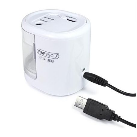 RAPESCO Hegyező, kétlyukú, asztali, elemes, USB töltővel, RAPESCO"PS12-USB", fehér