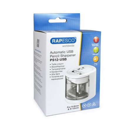 RAPESCO Hegyező, kétlyukú, asztali, elemes, USB töltővel, RAPESCO"PS12-USB", fehér