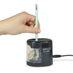   RAPESCO Hegyező, kétlyukú, asztali, elemes, USB töltővel, RAPESCO"PS12-USB", fekete