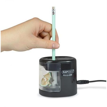 RAPESCO Hegyező, kétlyukú, asztali, elemes, USB töltővel, RAPESCO"PS12-USB", fekete