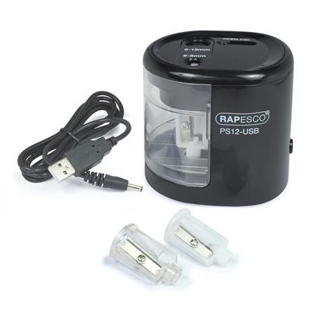 RAPESCO Hegyező, kétlyukú, asztali, elemes, USB töltővel, RAPESCO"PS12-USB", fekete