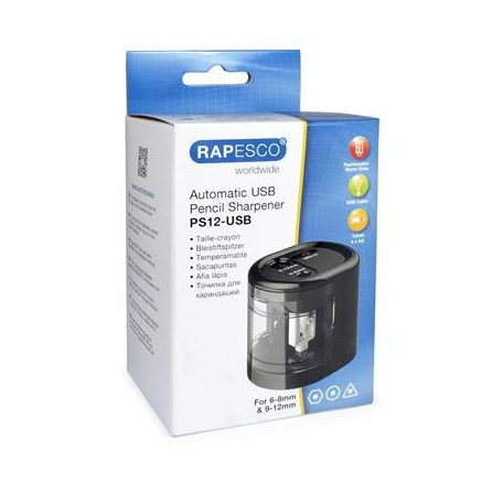RAPESCO Hegyező, kétlyukú, asztali, elemes, USB töltővel, RAPESCO"PS12-USB", fekete