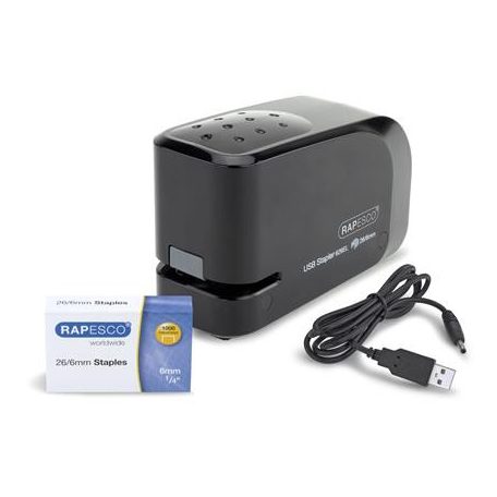 RAPESCO Tűzőgép, 26/6, 15 lap, elemes, USB töltővel, RAPESCO "626EL", fekete