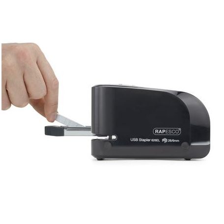 RAPESCO Tűzőgép, 26/6, 15 lap, elemes, USB töltővel, RAPESCO "626EL", fekete
