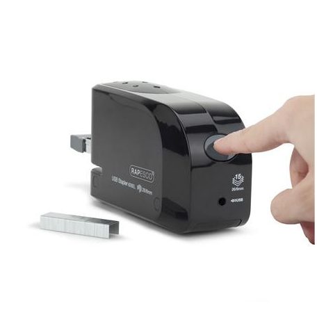 RAPESCO Tűzőgép, 26/6, 15 lap, elemes, USB töltővel, RAPESCO "626EL", fekete