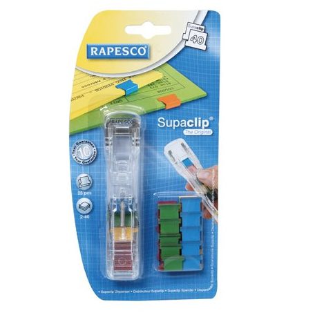 RAPESCO Kapocsadagoló, színes kapcsokkal, RAPESCO, "Supaclip 40", átlátszó