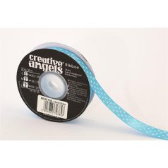   Szatén szalag, 15 mm x 22 m, világos kék fehér pöttyökkel