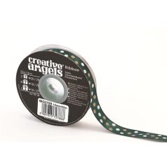   Szatén szalag, 15 mm x 22 m, sötétzöld vegyes pöttyökkel