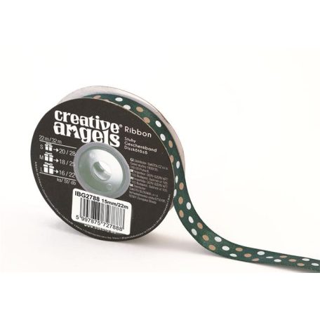 Szatén szalag, 15 mm x 22 m, sötétzöld vegyes pöttyökkel