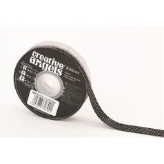 Szatén szalag, 15 mm x 22 m, fekete fehér pöttyökkel