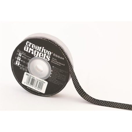 Szatén szalag, 15 mm x 22 m, fekete fehér pöttyökkel