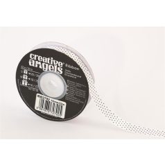 Szatén szalag, 15 mm x 22 m, fehér fekete pöttyökkel