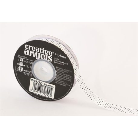 Szatén szalag, 15 mm x 22 m, fehér fekete pöttyökkel