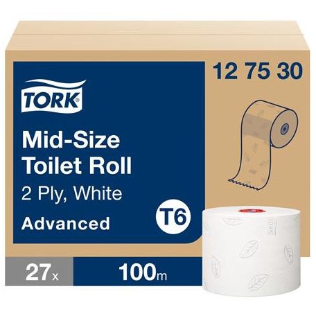TORK Toalettpapír, T6 rendszer, 2 rétegű, 13,2 cm átmérő, Advanced, TORK "Mid-size", fehér