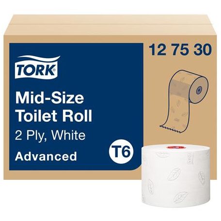 TORK Toalettpapír, T6 rendszer, 2 rétegű, 13,2 cm átmérő, Advanced, TORK "Mid-size", fehér