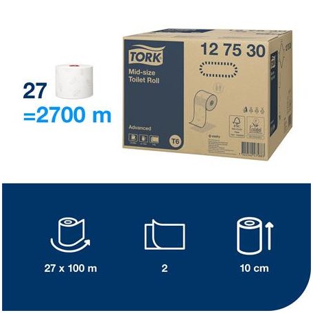 TORK Toalettpapír, T6 rendszer, 2 rétegű, 13,2 cm átmérő, Advanced, TORK "Mid-size", fehér