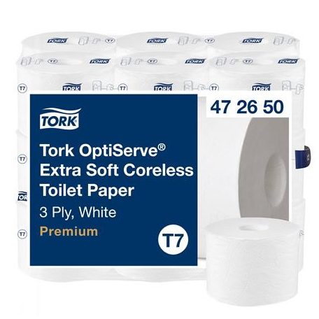 TORK Toalettpapír, belsőmag nélküli, T7 rendszer, 3 rétegű, 13,1 cm átmérő, Premium, TORK "OptiServe", fehér