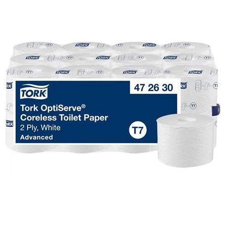 TORK Toalettpapír, belsőmag nélküli, T7 rendszer, 2 rétegű, 13,1 cm átmérő, Advanced, TORK "OptiServe", fehér