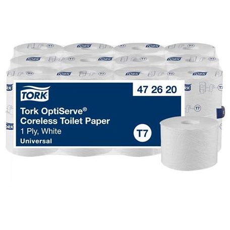 TORK Toalettpapír, belsőmag nélküli, T7 rendszer, 1 rétegű, 13,1 cm átmérő, Universal, TORK "OptiServe", fehér