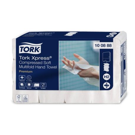 TORK Kéztörlő, tömörített, Interfold, 2 réteg, 170 lap, H2 rendszer, Premium, TORK "Xpress Soft Multifold", fehér