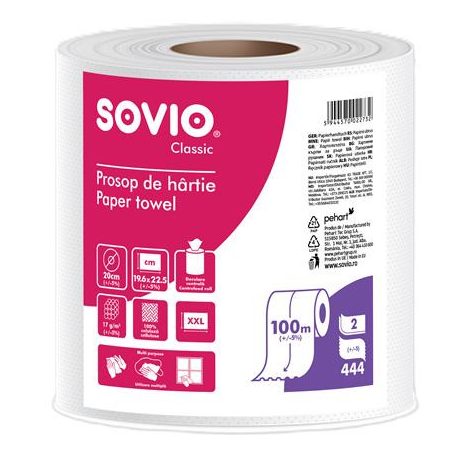SOVIO Törlőpapír, 100% cellulóz, tekercses, 100 m, 20 cm átmérő, 2 rétegű, SOVIO