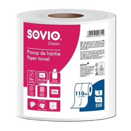 SOVIO Törlőpapír, 100% cellulóz, tekercses, 110 m, 20 cm átmérő, 2 rétegű, SOVIO