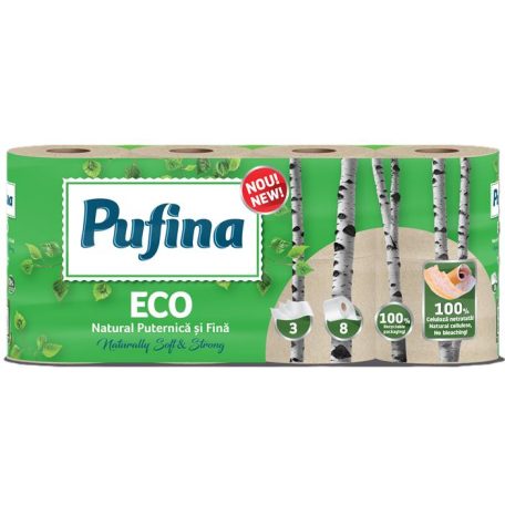 PUFINA Toalettpapír, 3 rétegű, kistekercses, 8 tekercs, PUFINA "Eco", fehérítetlen és vegyszermentes