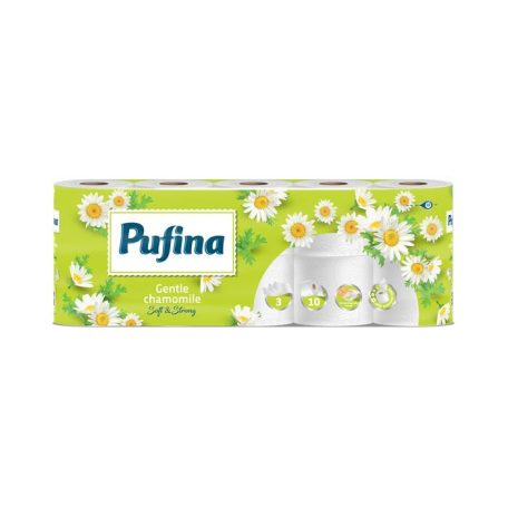 PUFINA Toalettpapír, 3 rétegű, kistekercses, 10 tekercs, PUFINA "Chamomile", kamilla illattal