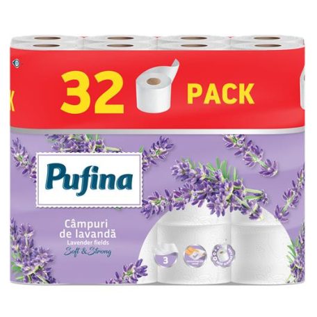 PUFINA Toalettpapír, 3 rétegű, kistekercses, 32 tekercs, PUFINA "Lavender Fields", levendula illattal