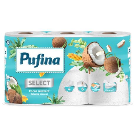 PUFINA Toalettpapír, 4 rétegű, kistekercses, 6 tekercs, PUFINA "Relaxing Coconut", kókusz illattal