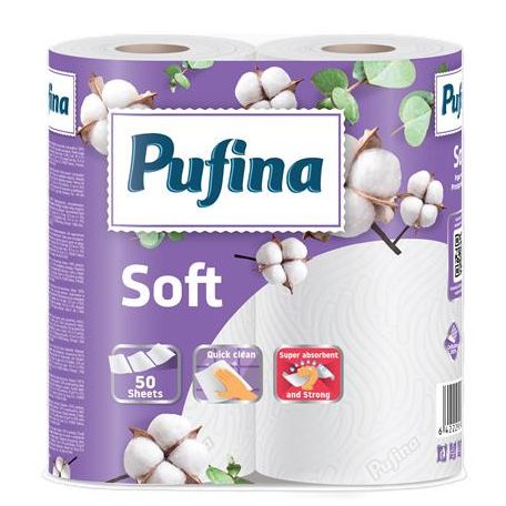 PUFINA Háztartási papírtörlő, 2 rétegű, 50 lap, 2 tekercses, PUFINA "Soft"