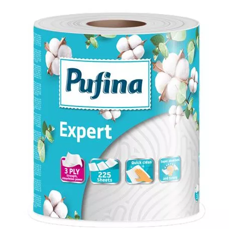 PUFINA Háztartási papírtörlő, 3 rétegű, 225 lap, 1 tekercses, PUFINA "Expert"