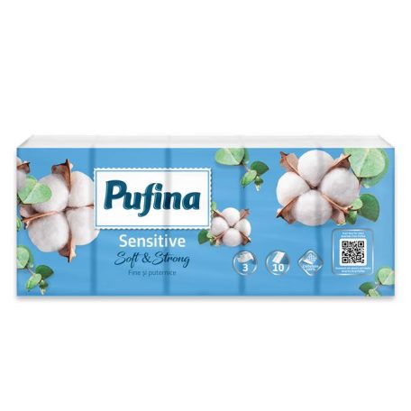 PUFINA Papír zsebkendő, 3 rétegű, 10x10 db, PUFINA "Sensitive"