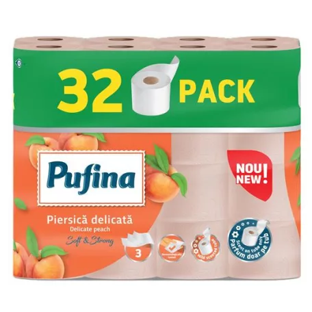 PUFINA Toalettpapír, 3 rétegű, kistekercses, 32 tekercs, PUFINA "Delicate Peach", barack illattal