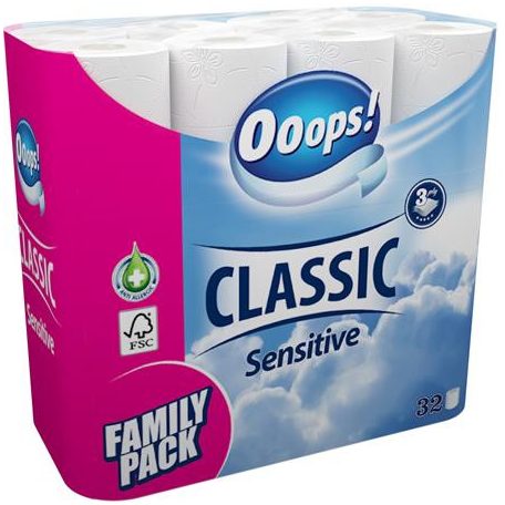 OOOPS Toalettpapír, 3 rétegű, kistekercses, 32 tekercs, OOOPS "Classic", sensitive
