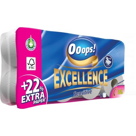 OOOPS Toalettpapír, 3 rétegű, kistekercses, 8 tekercs, OOOPS "Excellence"