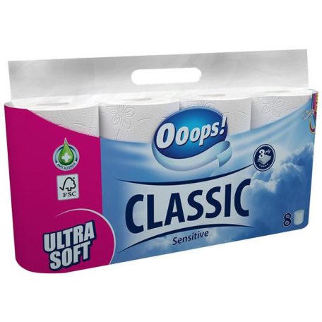 OOOPS Toalettpapír, 3 rétegű, kistekercses, 8 tekercs, OOOPS "Classic", sensitive