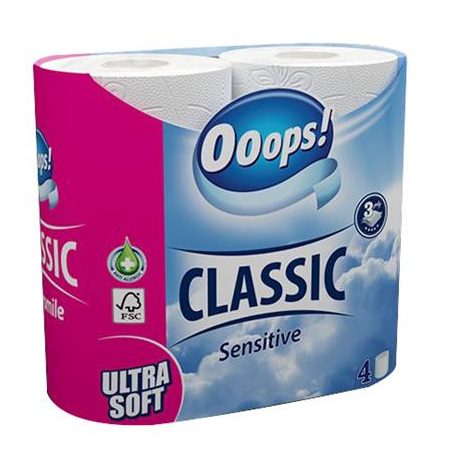 OOOPS Toalettpapír, 3 rétegű, kistekercses, 4 tekercs, OOOPS "Classic", sensitive