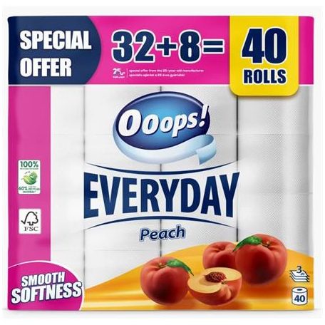 OOOPS Toalettpapír, 3 rétegű, kistekercses, 32+8 tekercs, OOOPS "Everyday", barack