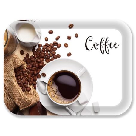 Tálca, szögletes, műanyag, kávé mintás, 33x24,5 cm