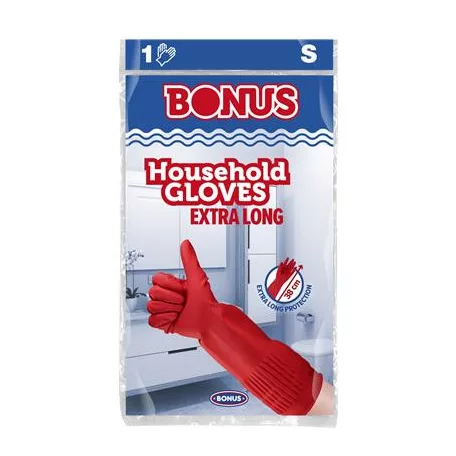 BONUS Gumikesztyű, háztartási, latex, extra hosszú, 38 cm, S méret, BONUS, piros