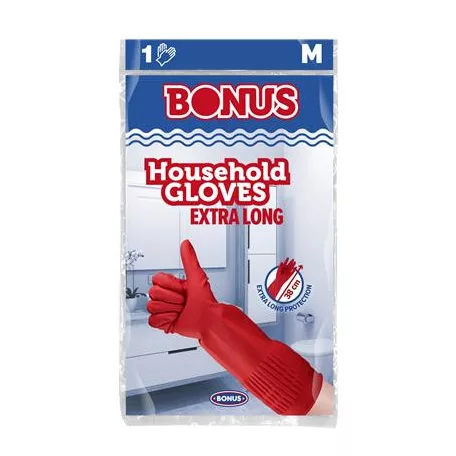 BONUS Gumikesztyű, háztartási, latex, extra hosszú, 38 cm, M méret, BONUS, piros
