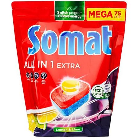 SOMAT Mosogatógéptabletta, 75 db, SOMAT "All in 1 Extra", Lemon&Lime